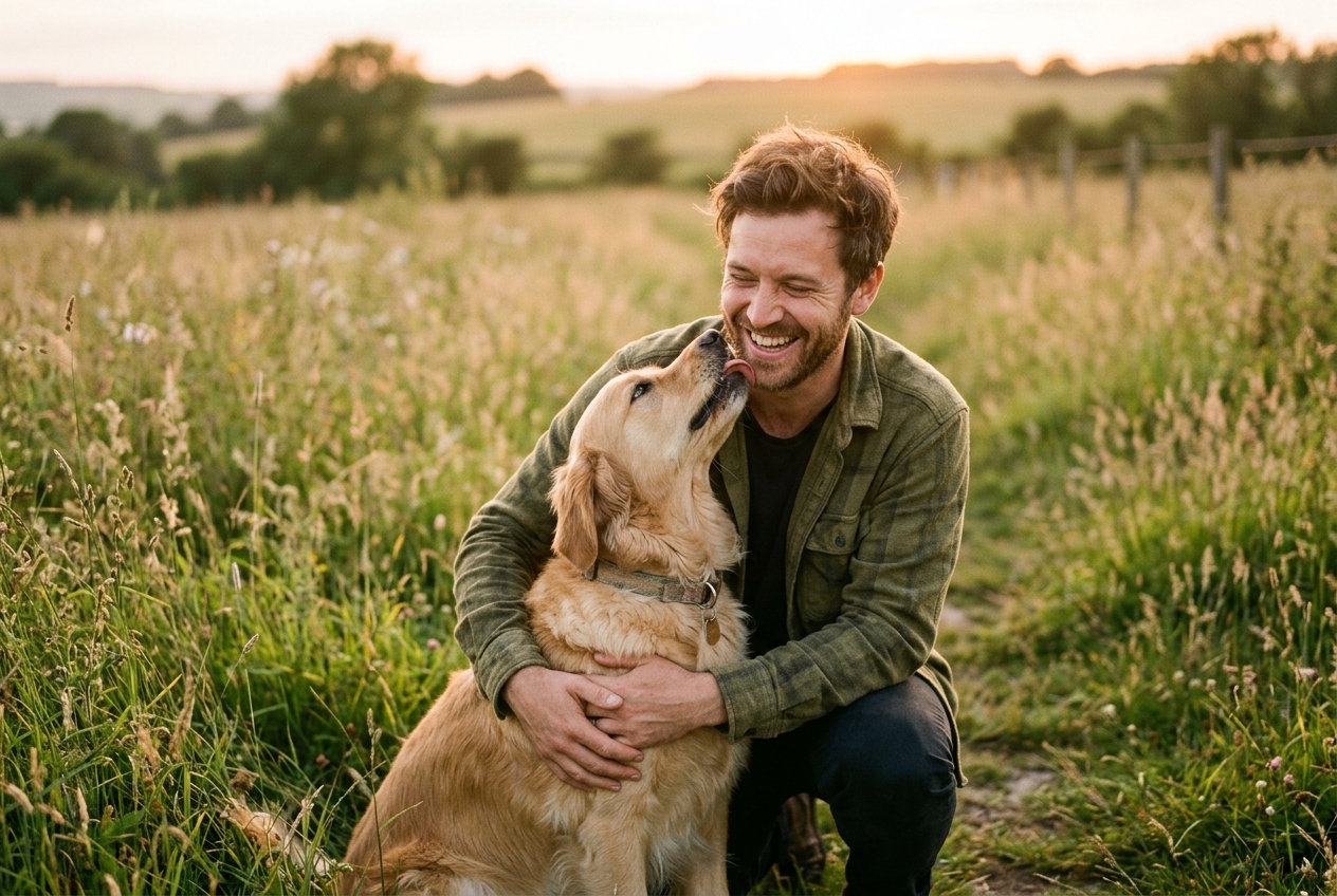 A friendly man hugging his happy Golden Retriever dog in a sunny field