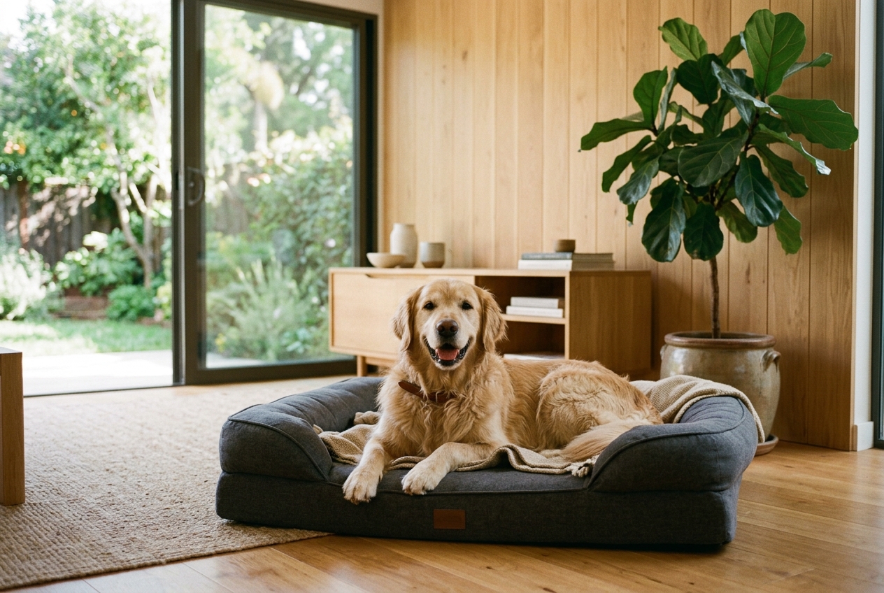 A Golden Retriever sleeping peacefully in a cozy, rustic cabin room